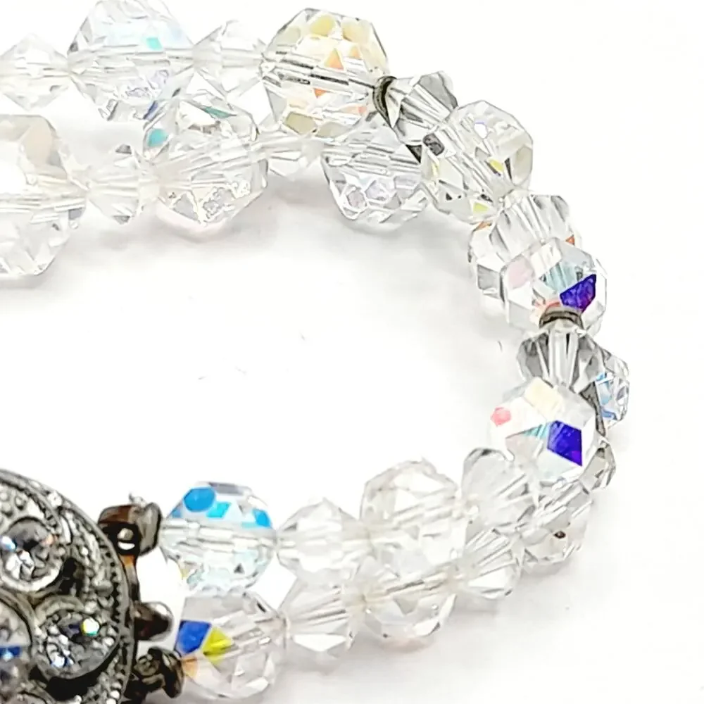 Vintage 1950s Wedding Bracelet, Aurora Borealis Crystal Beads, Rhinestone Clasp